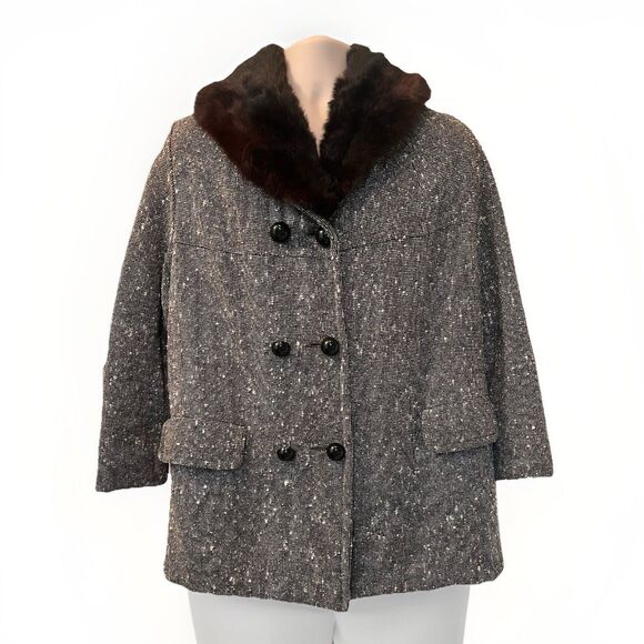 VTG Tweed Faux Fur Collar Menswear Quilted Lined Car Coat Womens M/L Black White - Picture 1 of 5